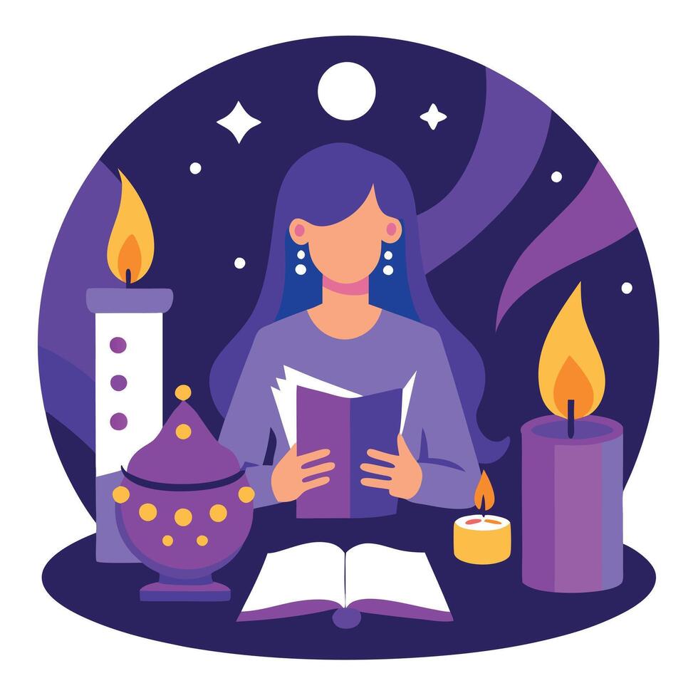 Tarot cards with candle light purple colors. fortuneteller reads fortunes by tarot cards and candles on the background. Astrology occult magic spiritual horoscopes and palm reading vector