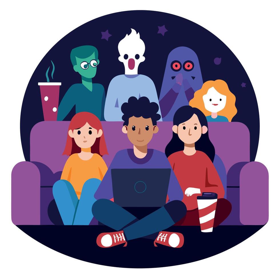 Teens Watching a Horror Movie at a Halloween Sleepover - vector