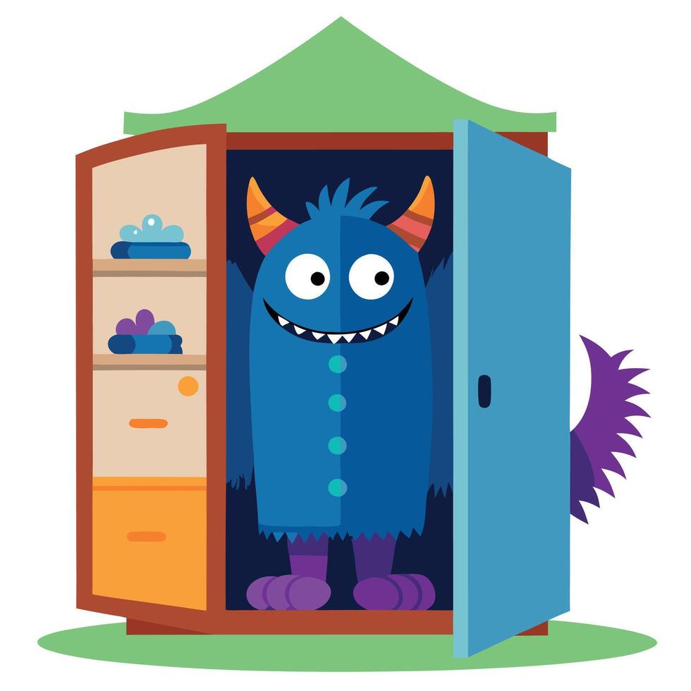 Terrible monster hiding inside wardrobe in children room. vector