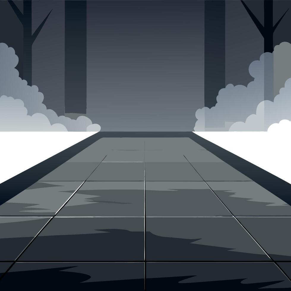 An illustration of a dark road with trees and fog vector