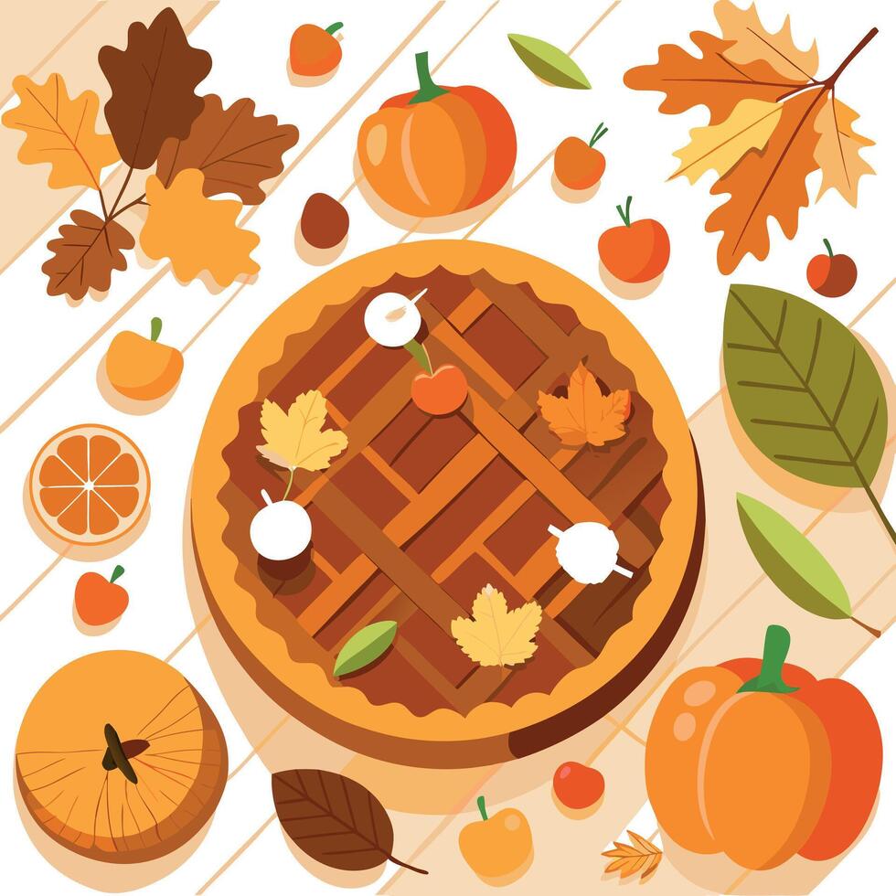 Thanksgiving background. Top view rustic wood table decor from apple and pumpkin pie. cinnamon. leaves. Autumn and fall background. Holiday food. Thanksgiving day or Halloween concept. vector