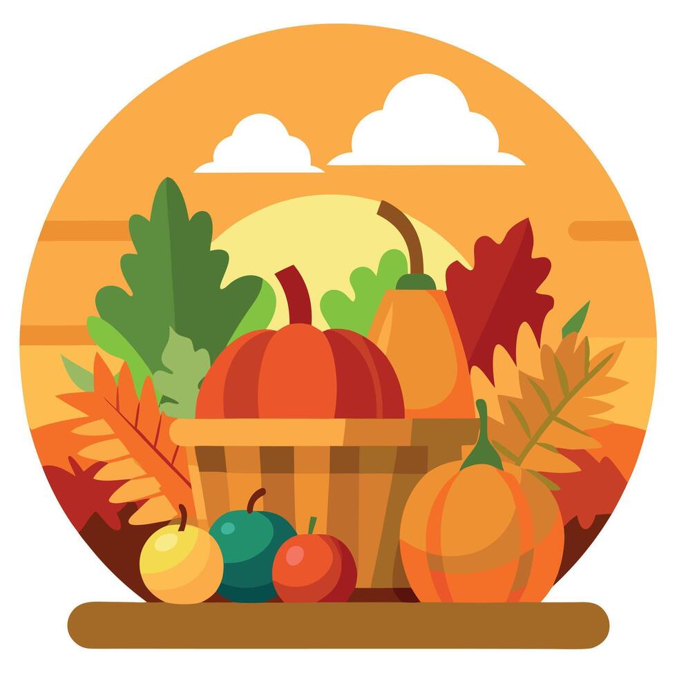 Thanksgiving harvest basket on fall background. Thanksgiving cornucopia fall scene with pumpkins squash on wood table at sunset vector