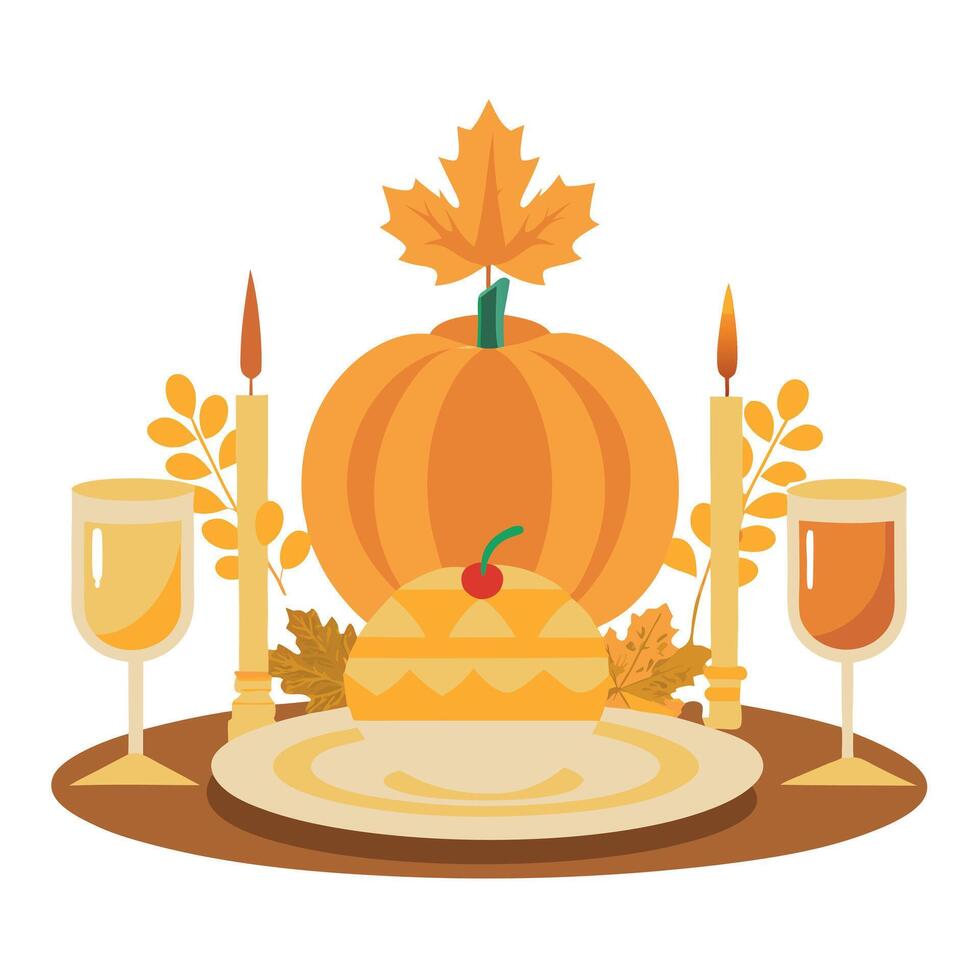 Thanksgiving table setting concept. Decorative golden painted leaves and pumpkin. vector