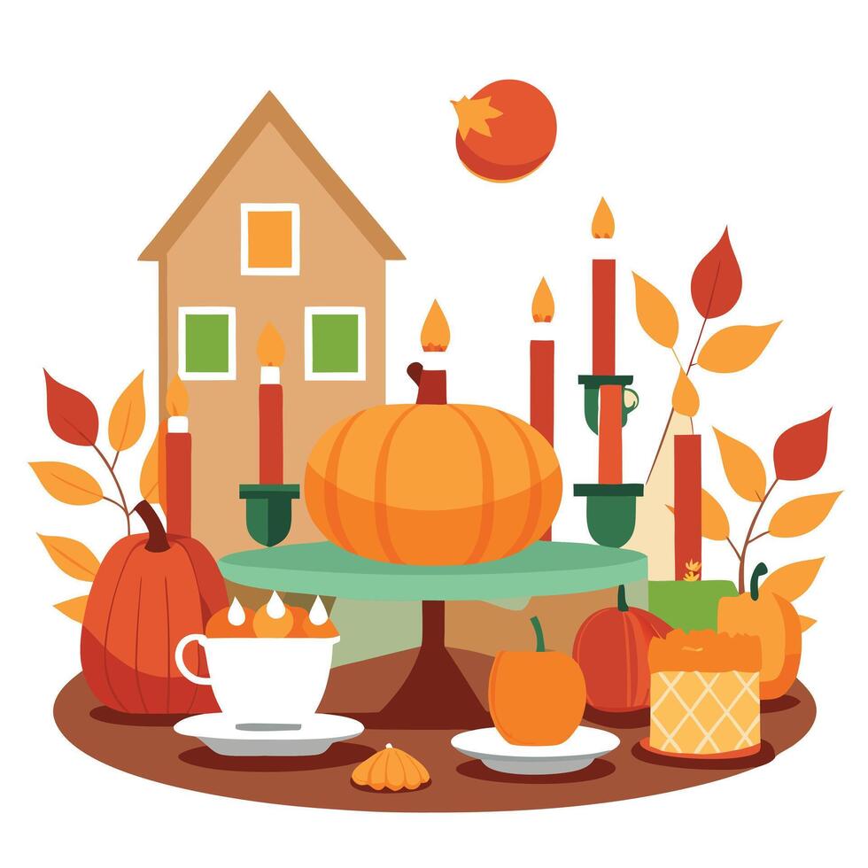Thanksgiving table setting outdoors with pumpkins and candles. Autumn home decoration vector