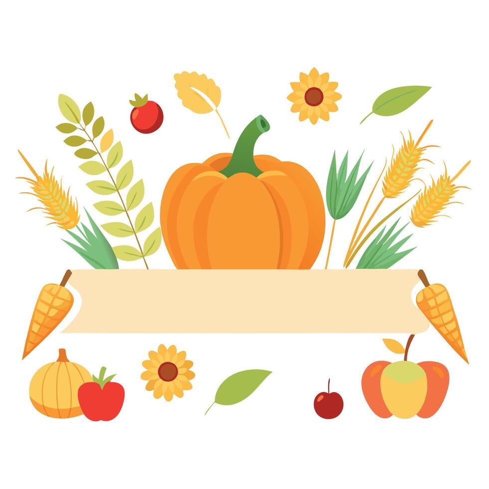 Thanksgiving banner with pumpkin, corn, and leaves vector