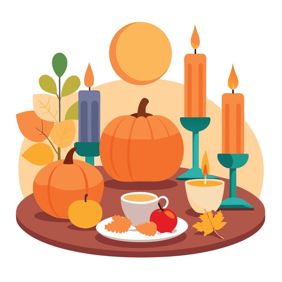 Thanksgiving table setting with pumpkins and candles. Autumn home decoration. vector