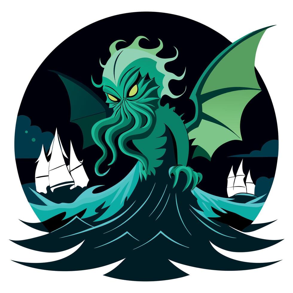 The ancestral creature cthulhu attacking a ship in the middle of a storm at night vector