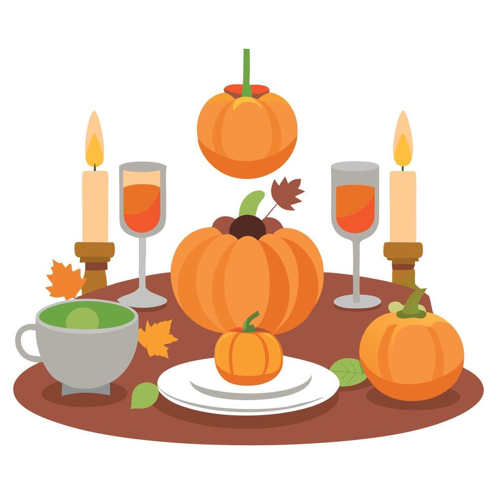 Thanksgiving table with pumpkin, candles and plates vector