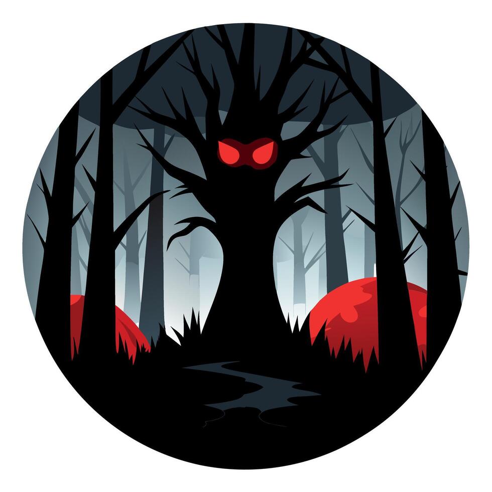 A dark forest with red eyes and a tree vector
