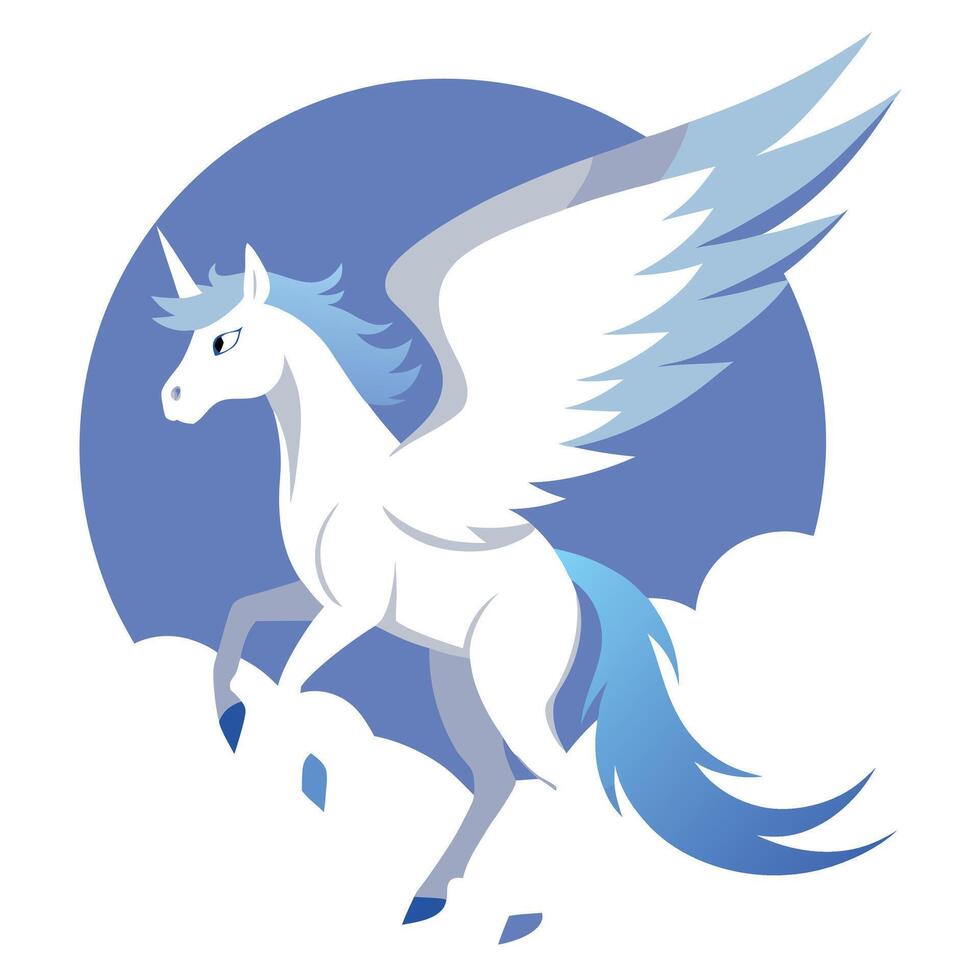 A cartoon white horse with blue wings vector