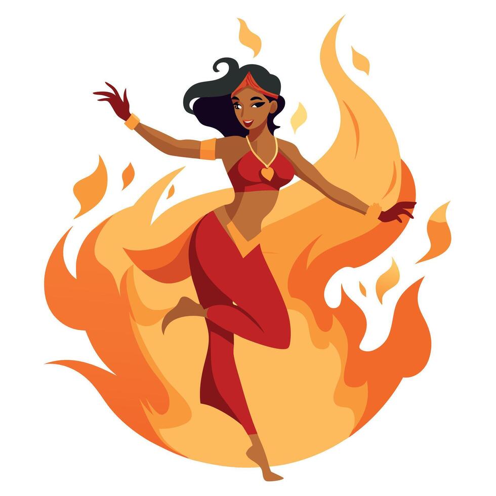 A cartoon woman in a red outfit dancing on fire vector