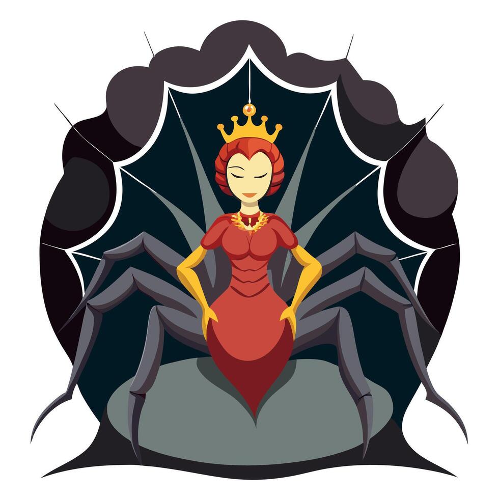 A cartoon spider queen sitting on a throne with a crown on her head vector