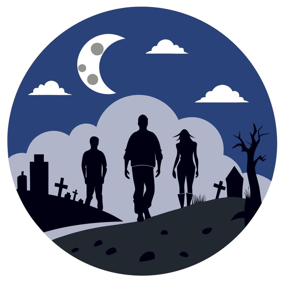 The walking dead are coming against the background of the night sky and the moon in the cemetery. 2d illustration vector