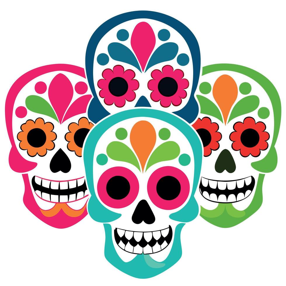 Three colorful sugar skulls for The Day of the Dead. vector
