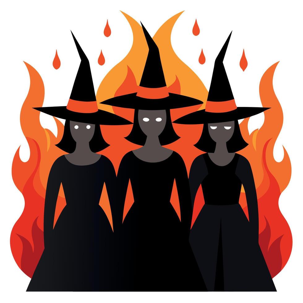 Three witches with the wicthes hats. Fire at background vector