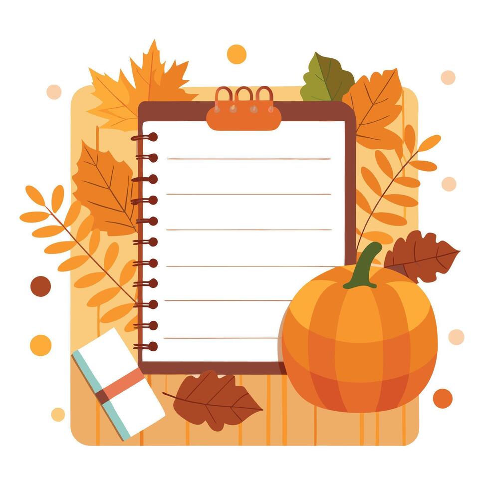 Top view Blank notebook on wooden table with traditional Halloween deco pumpkin. autumn leaves and warm plaid. Cozy concept of autumn holidays. Flatlay. Copy space. . vector