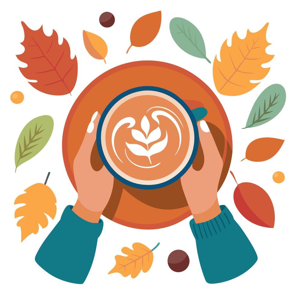 Top view of woman hands holding coffee with latte art on seasonal autum leaves background vector