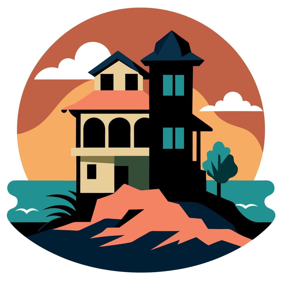 A house on the beach with a sunset in the background vector