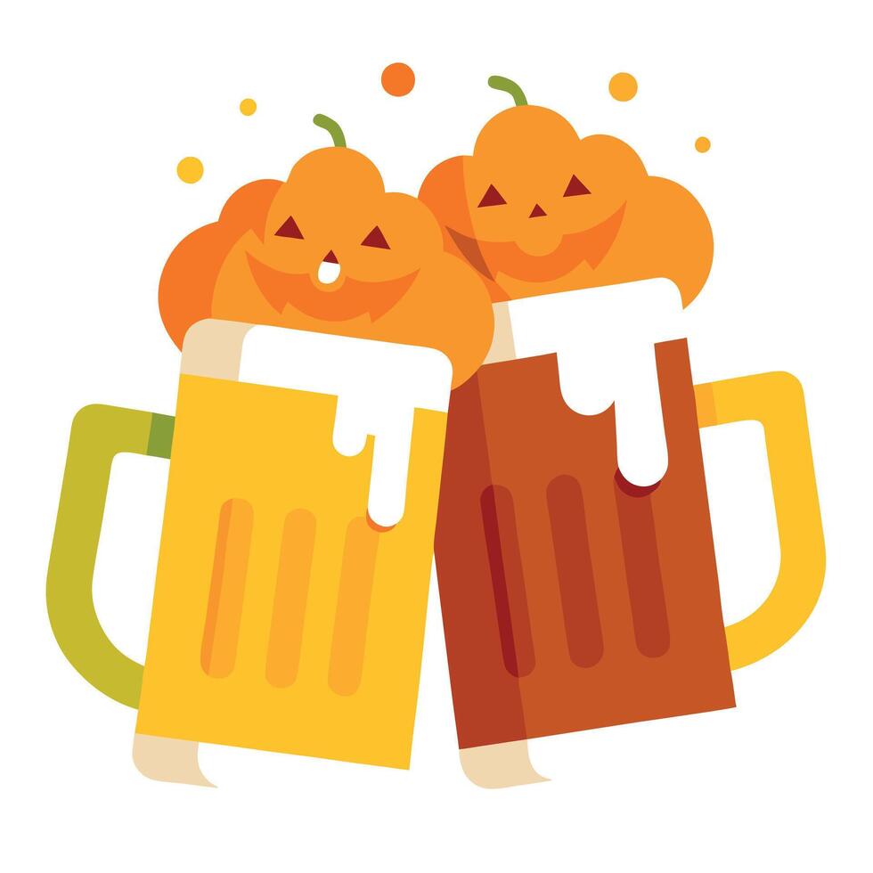 Two big glass mugs of beer and pumpkin composition. Octoberfest and Halloween holidays vector