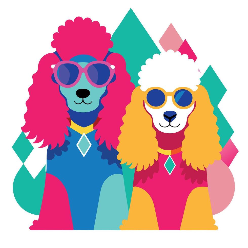 Two poodle dogs wearing sunglasses and colorful clothes vector