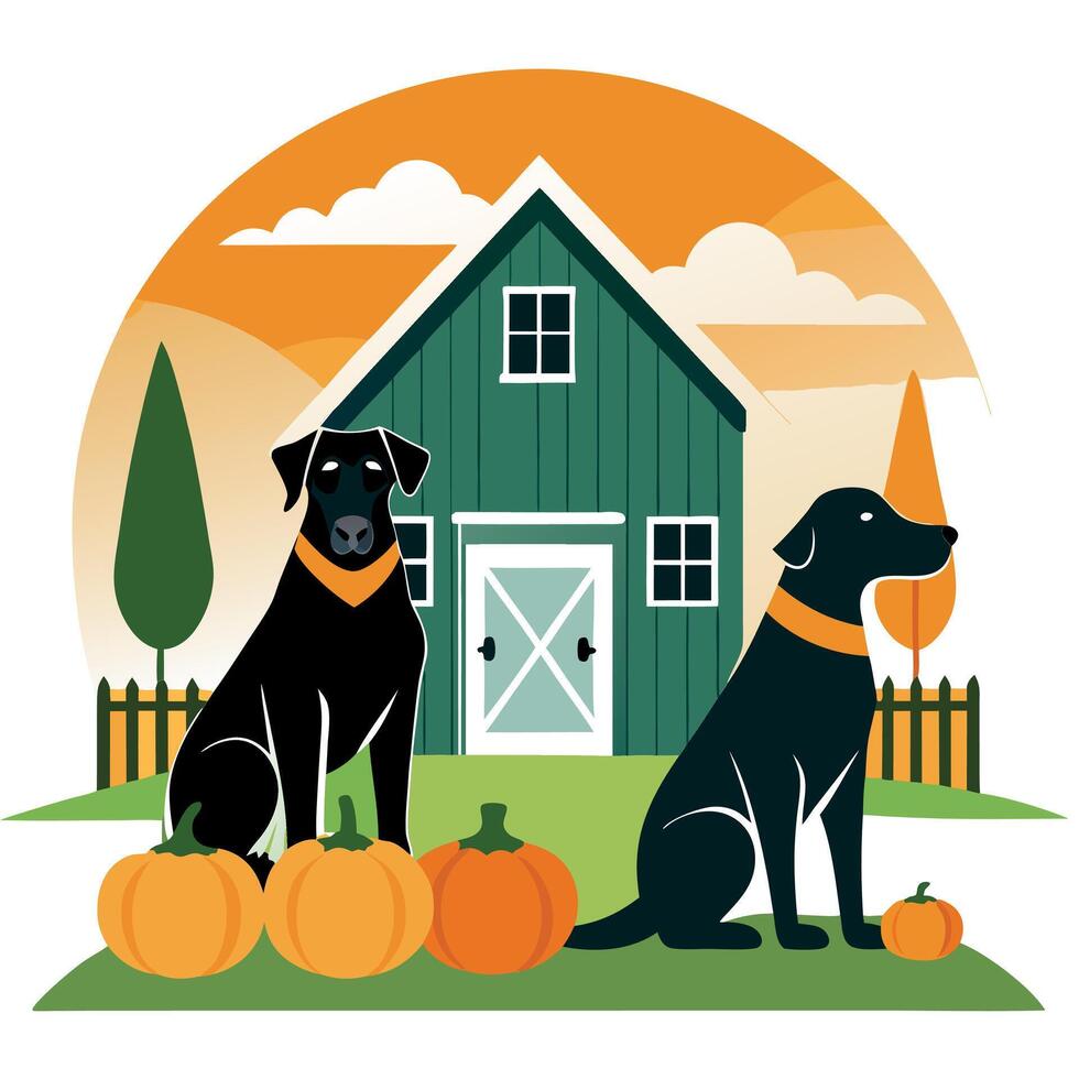 Two black dogs sitting in front of a barn with pumpkins vector