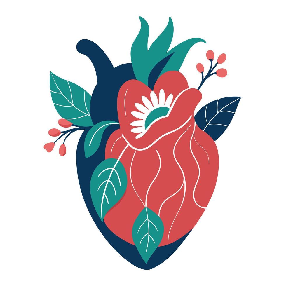An illustration of a human heart with leaves and flowers vector