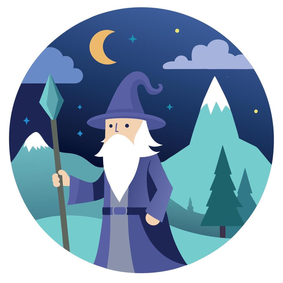 A wizard with a staff and a hat in the night vector