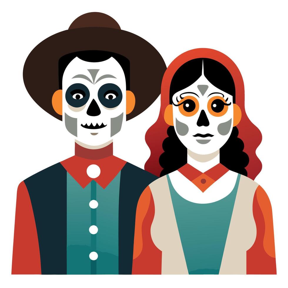 Vertical portrait of a Mexican man and woman dressed and made up as 'catrines' for the Day of the Dead parade in Mexico vector