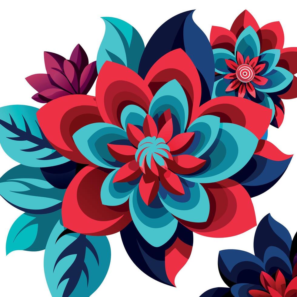 Vibrant 3D floral wallpapers with hyper-detailed illustrations in crimson and azure. Mysterious beauty. Dark cyan and crimson textured flowers. intricate arrangements. 16k resolution vector