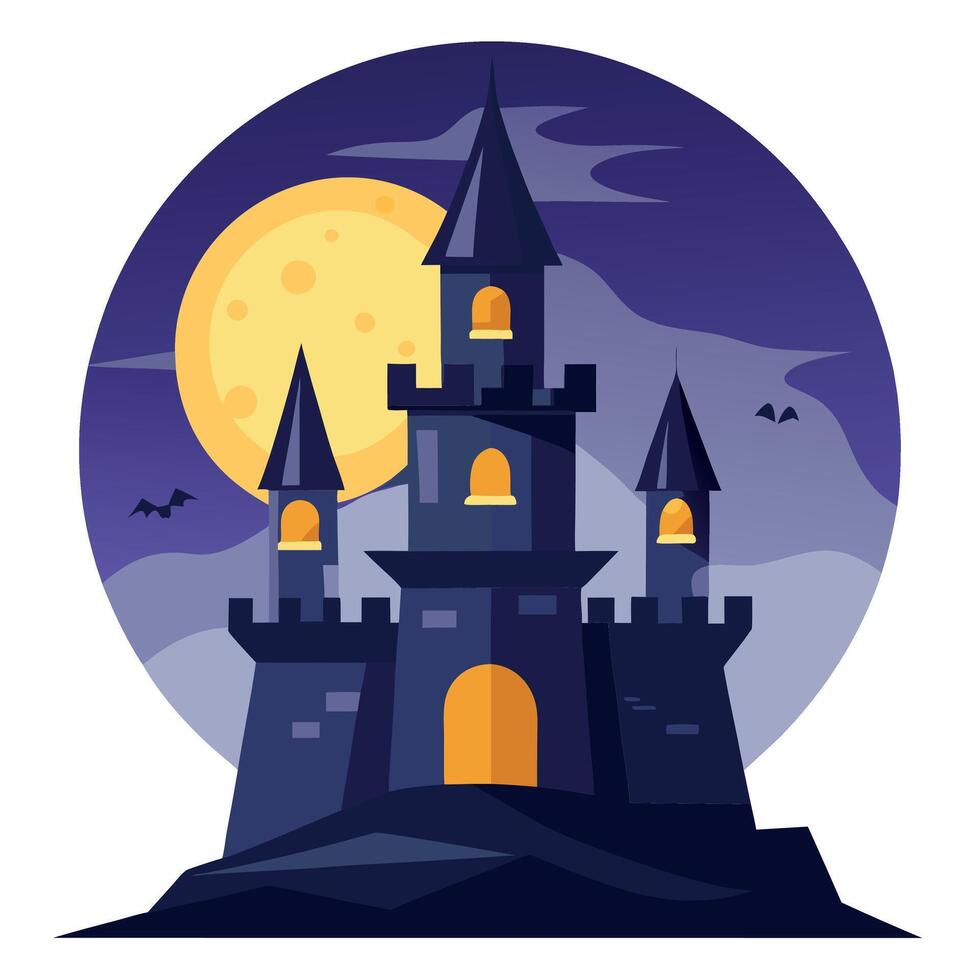 Very realistic illustration of a fantasy castle with a glowing full moon in the background. Halloween mood background. vector