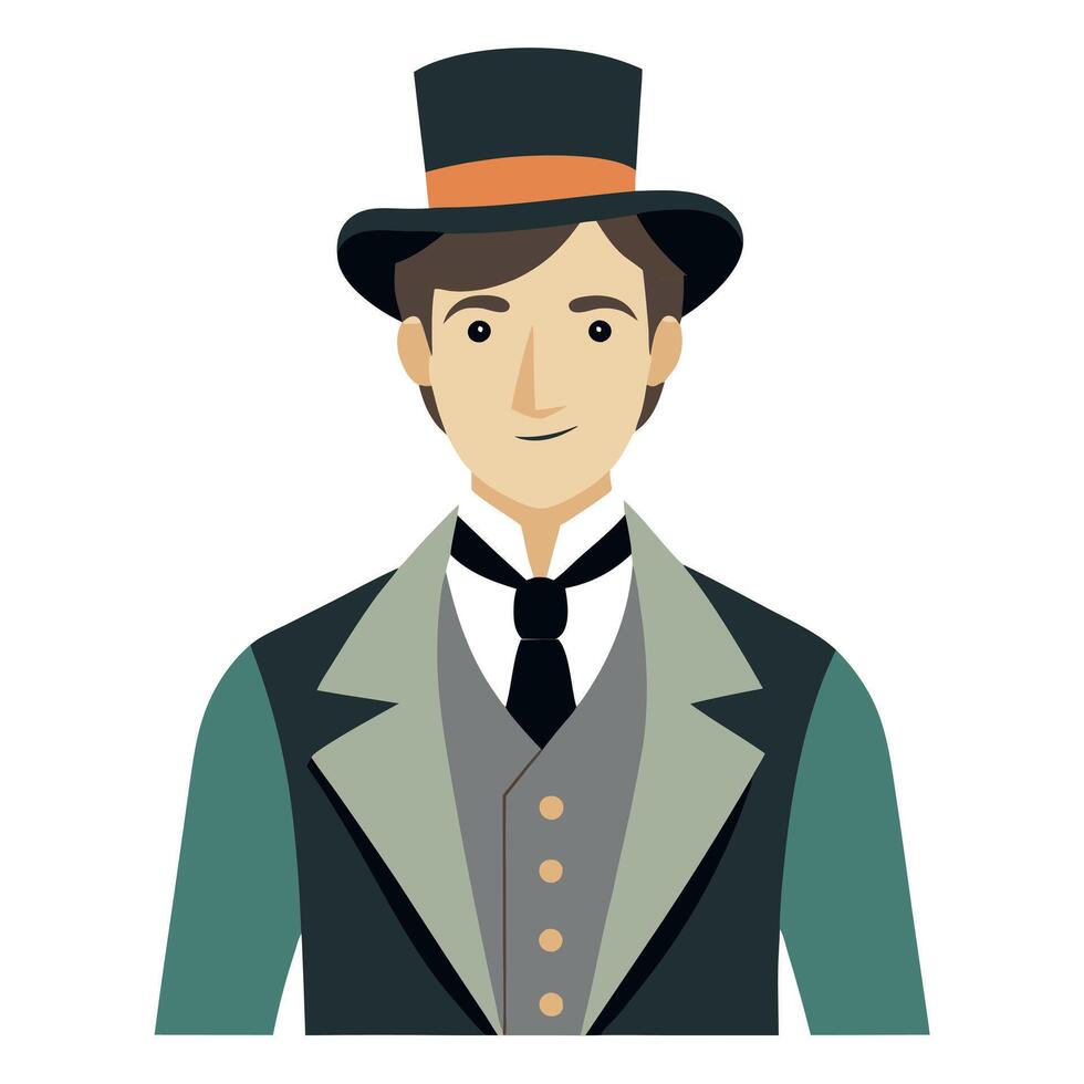 Victorian Era man wearing a top hat and suite vest long jacket. vector