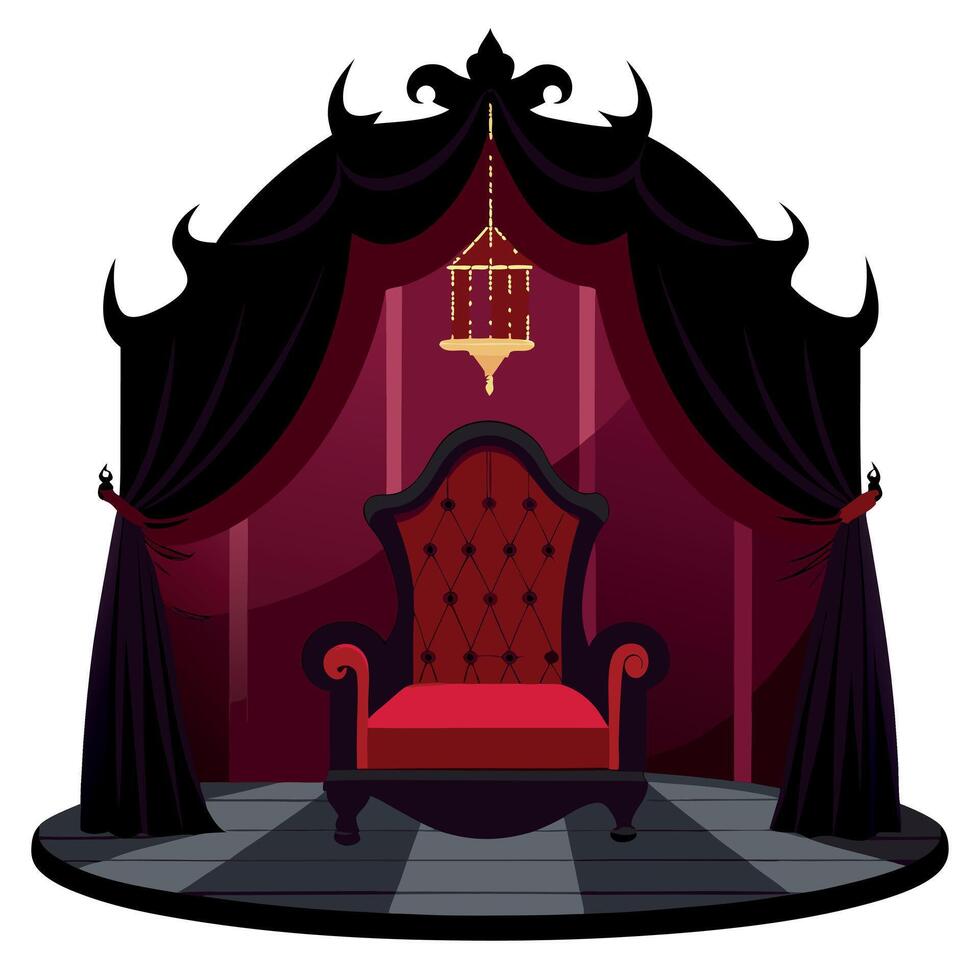 A red chair in a gothic style room with black curtains vector