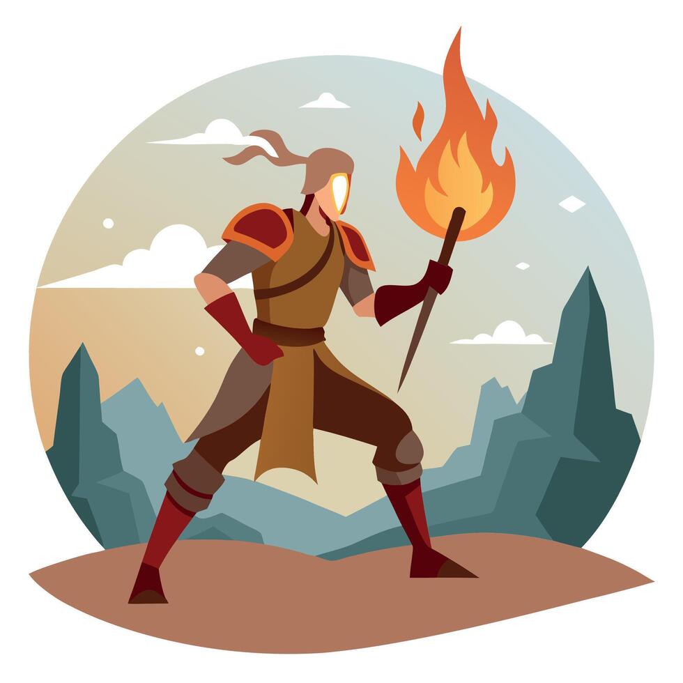 Warrior fighting scene. Flame. Medieval times. fantasy scenery. concept art. vector