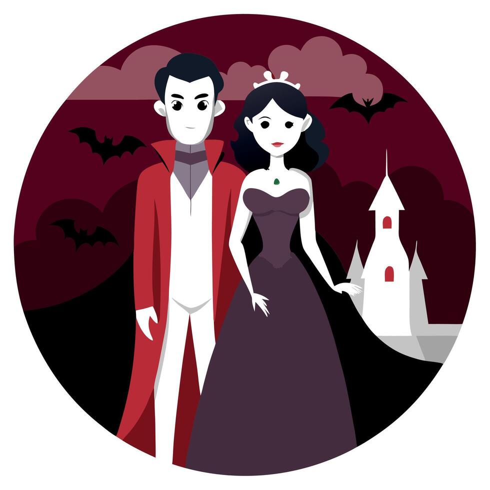 A cartoon vampire and vampire bride standing in front of a castle vector