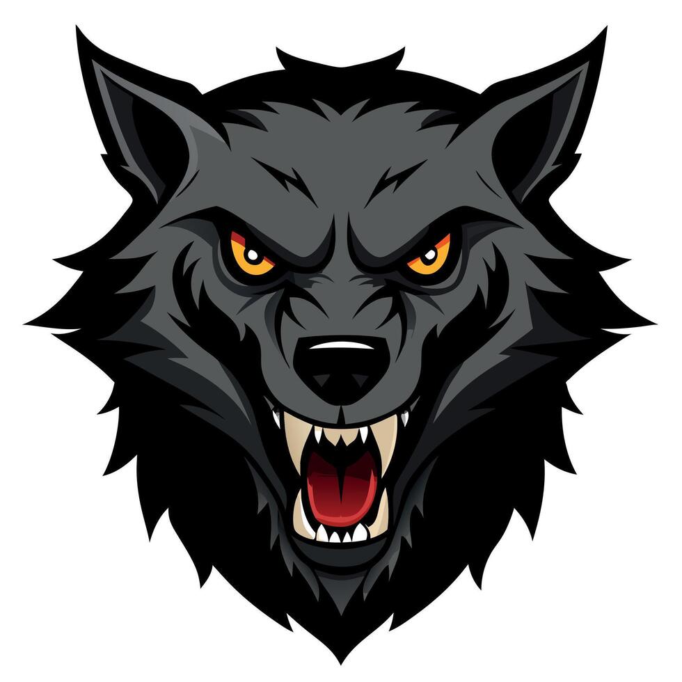 A wolf head with yellow eyes and fangs vector