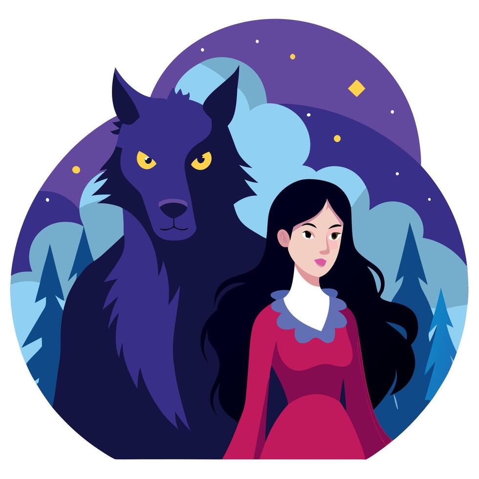A girl and a wolf standing in front of a forest vector