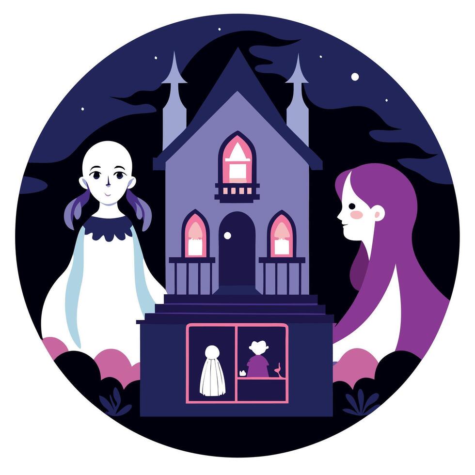 A ghost and a woman in front of a house vector