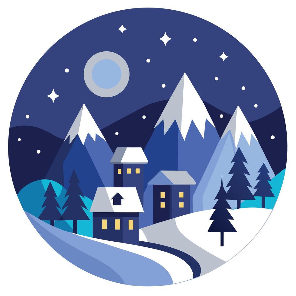 Winter landscape with snow covered mountains and houses vector
