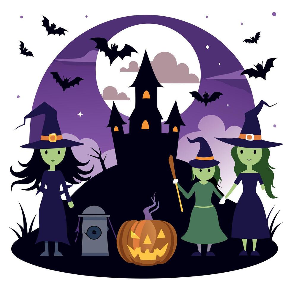 Halloween witches with pumpkin and bat in front of castle vector