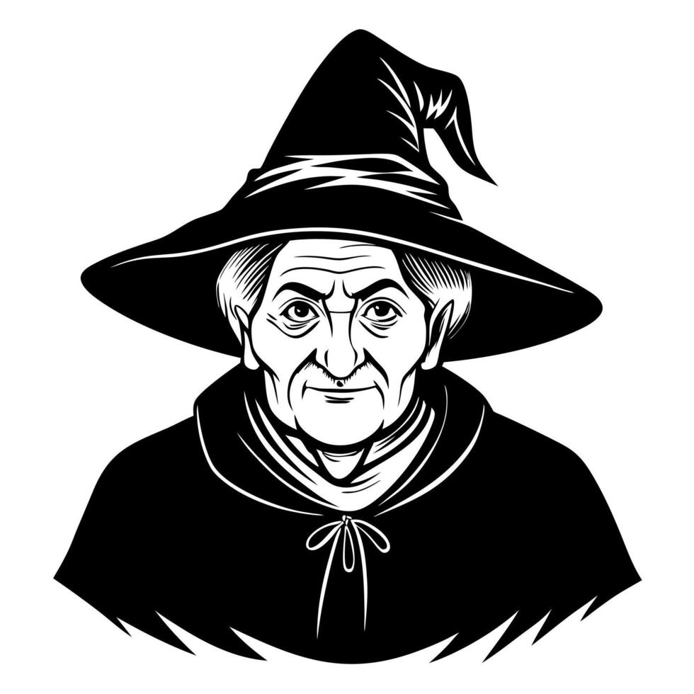 Witch halloween old woman hand drawn ink sketch. Engraving style illustration. vector