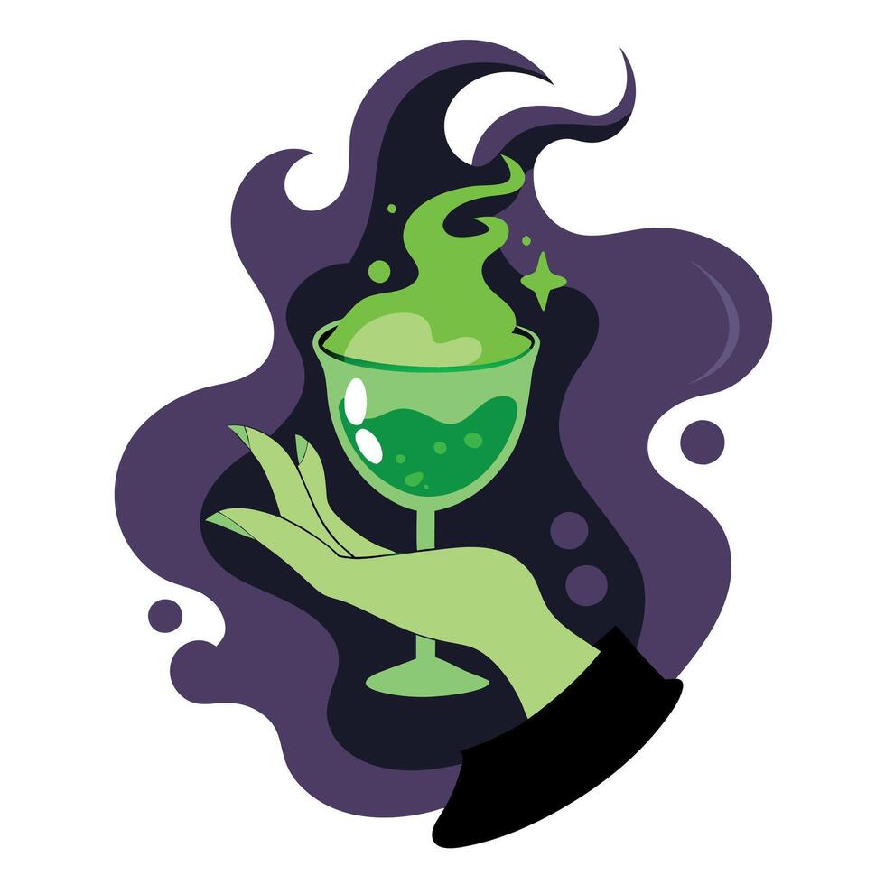 Witch hand and green color cocktail or potion with smoke in witch's study for Halloween. mystical. creepy atmosphere. vector