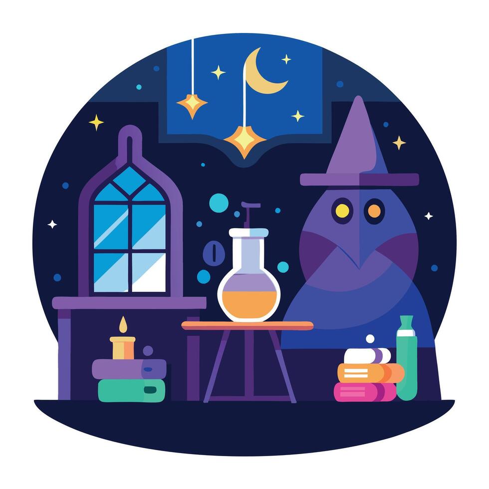 Witch or wizard alchemical laboratory with magic books and potions with mystic glow at night. Futuristic alchemy lab room interior. Halloween concept. AI illustration. vector