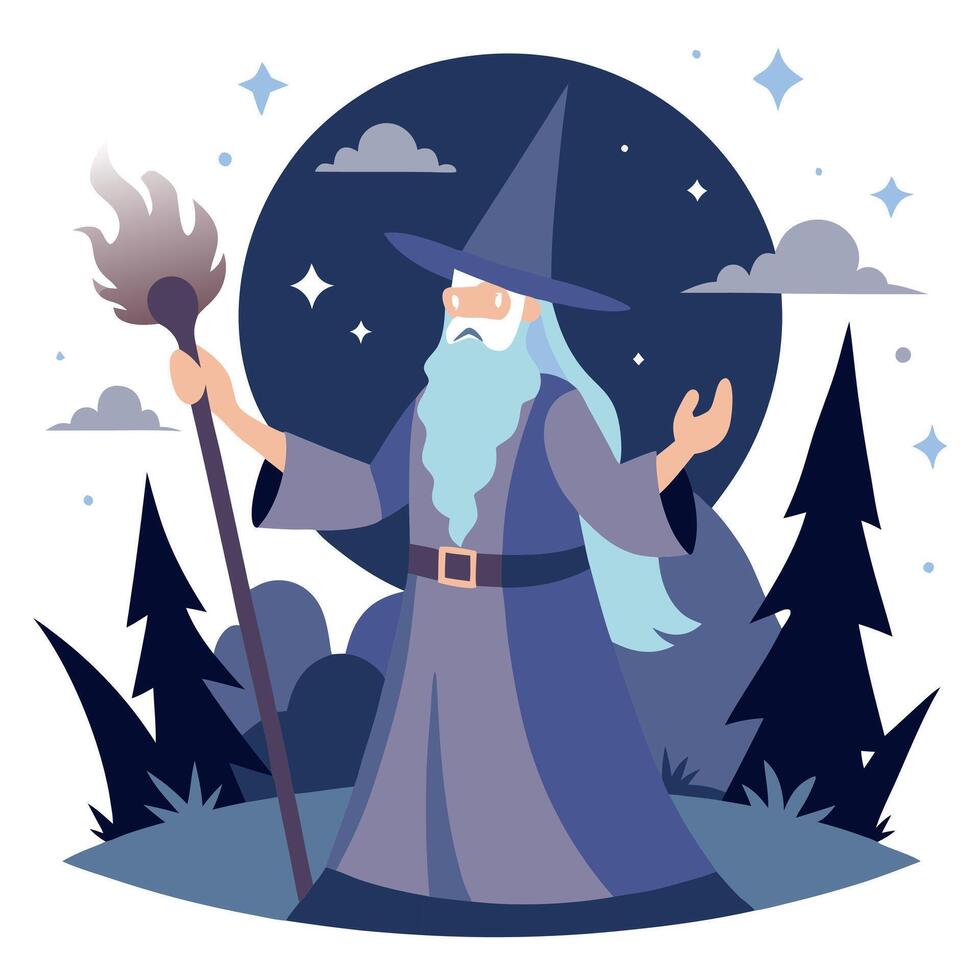 Wizard casts enchanted powerful spell in the woods. Magic wizard silhouette. Merlin with stars. High quality illustration. vector