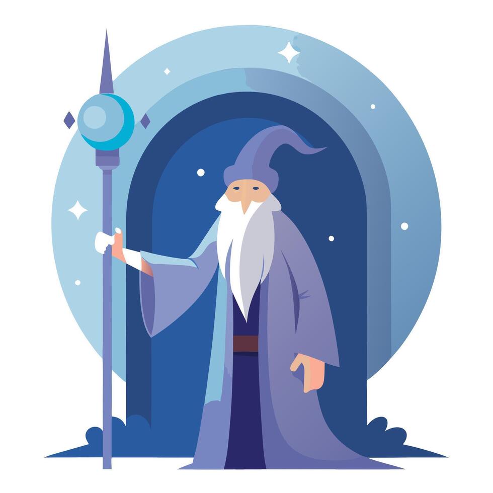 Wizard standing in front of magical portal with wand in his hand vector