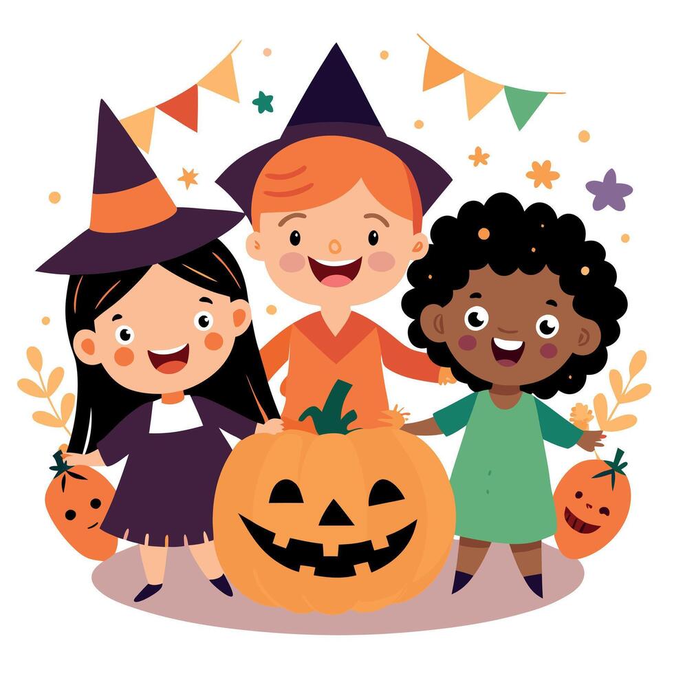 Witchy faces. happy kids at a halloween pumpkin party vector