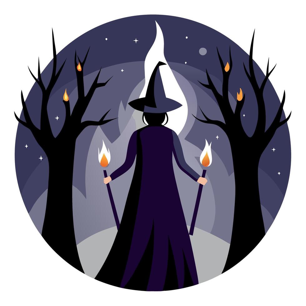 A witch with a broom and two torches in the forest vector