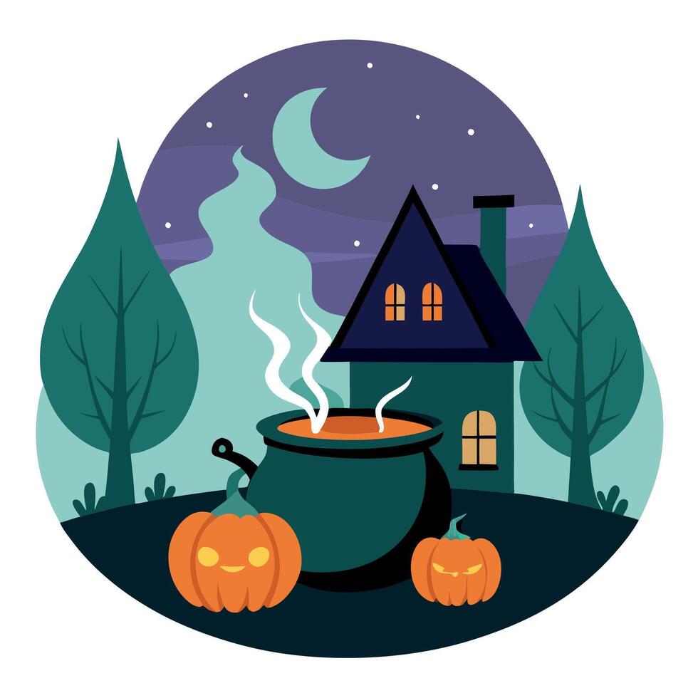 Witch's cauldron with smoking potion among pumpkins in the background of a house in the woods on Halloween night. Coven. Halloween concept vector