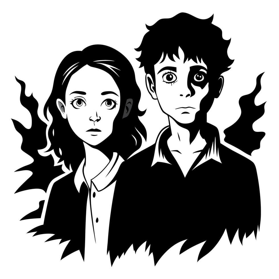 Zombie couple boy and girl ink sketch. Walking dead match hand drawing illustration. vector