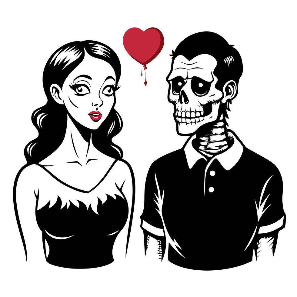 Zombie love match pair hand drawn ink sketch. Woman and man zombies. Engraved style illustration vector
