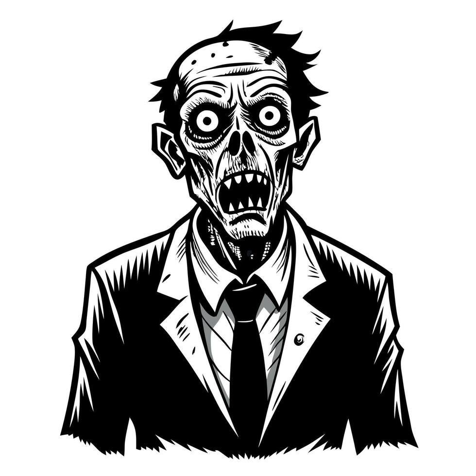 Zombie office worker hand drawn ink sketch. Engraved style illustration vector